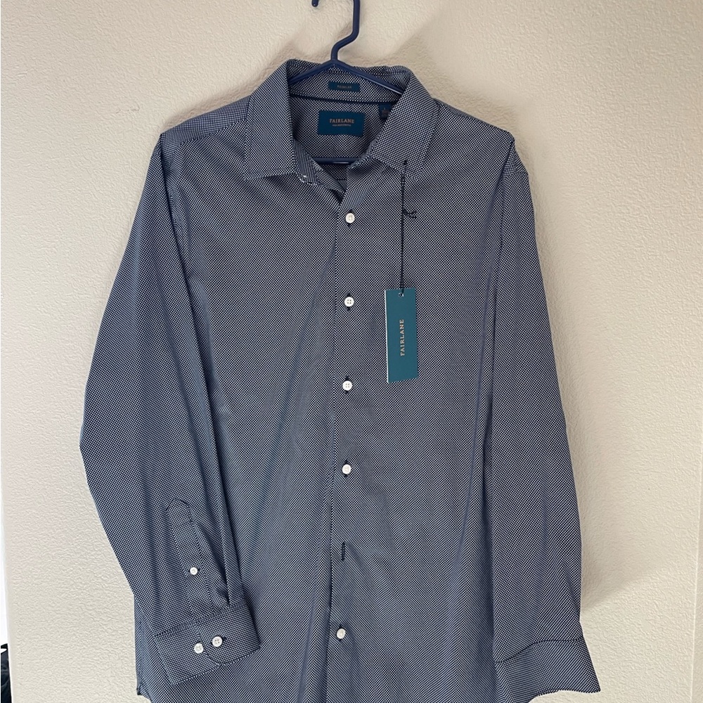Men’s Navy with white dot pattern dress shirt.